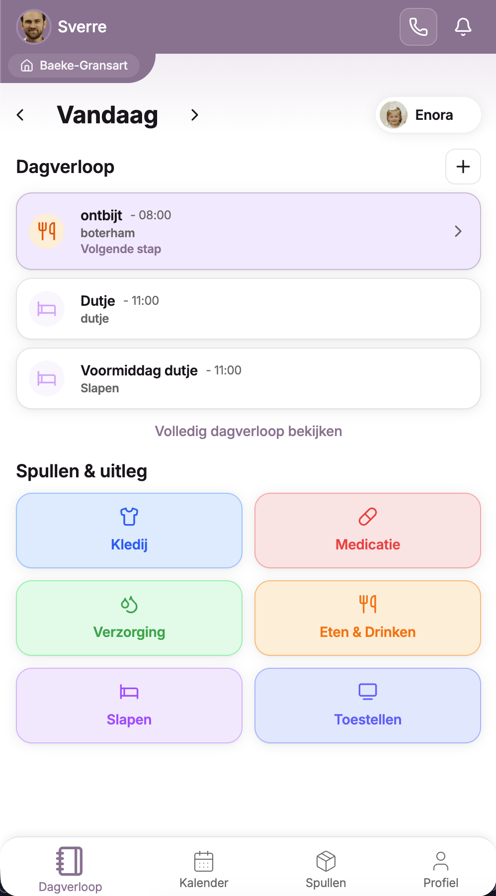 Daily routine screen showing today's schedule for a child