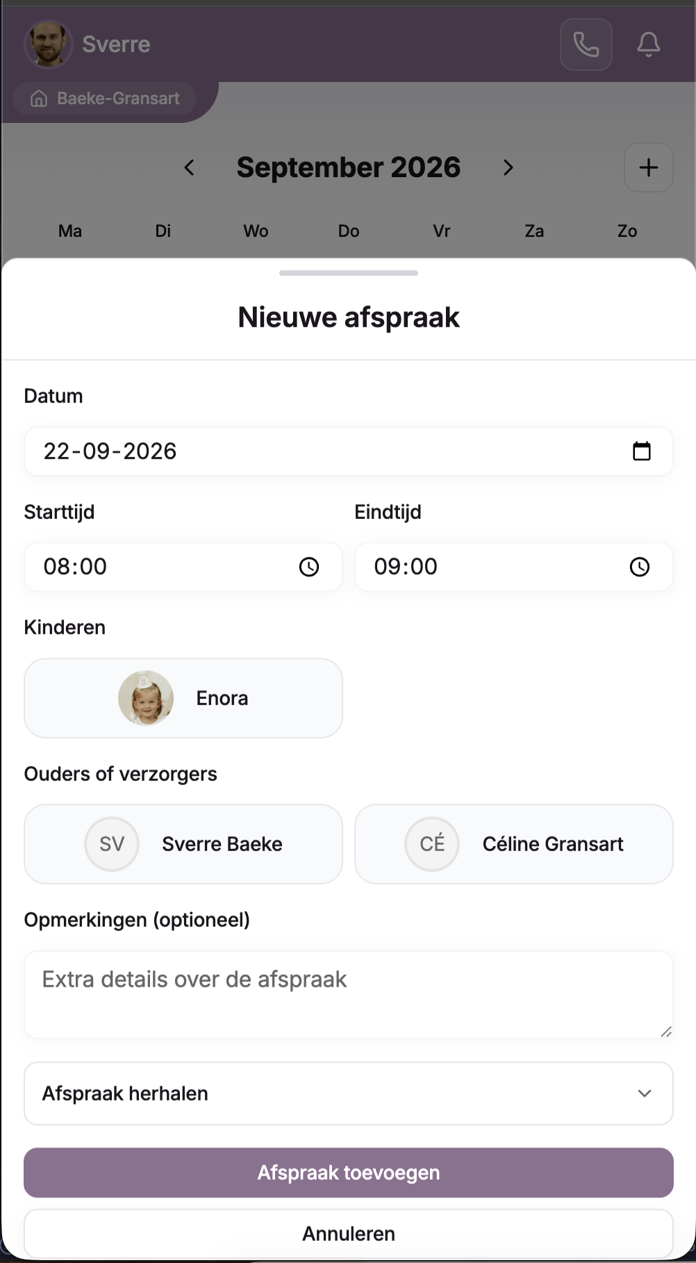 New appointment form with date, time, children, and caregivers
