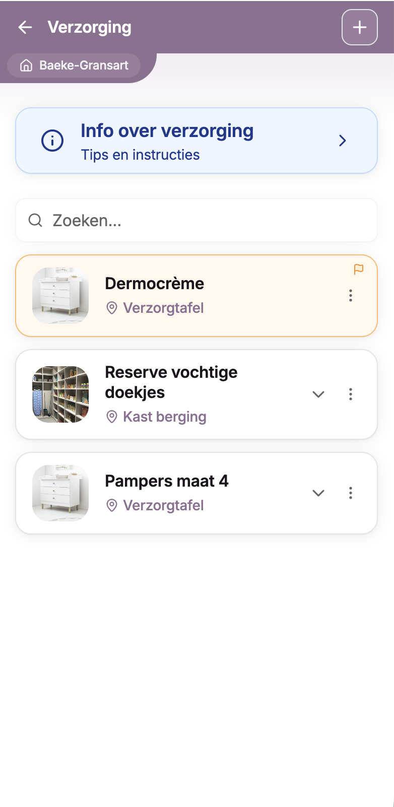 Detailed list of care items