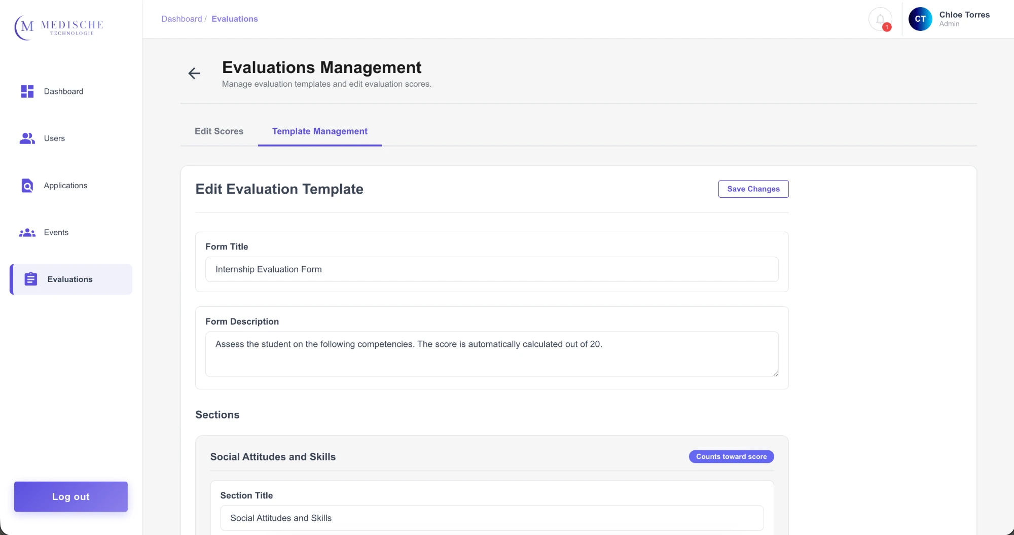 Admin view for editing the internship evaluation form template