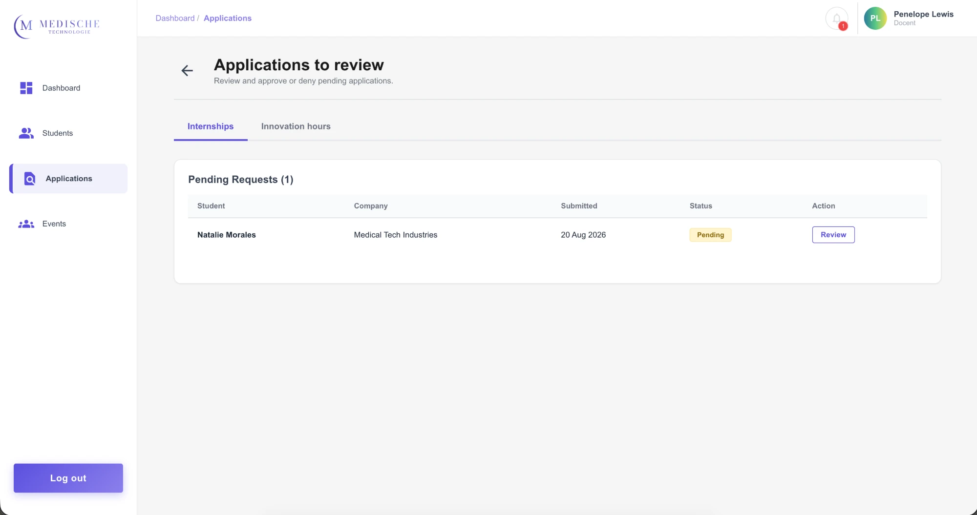 Lecturer view of pending internship applications awaiting review