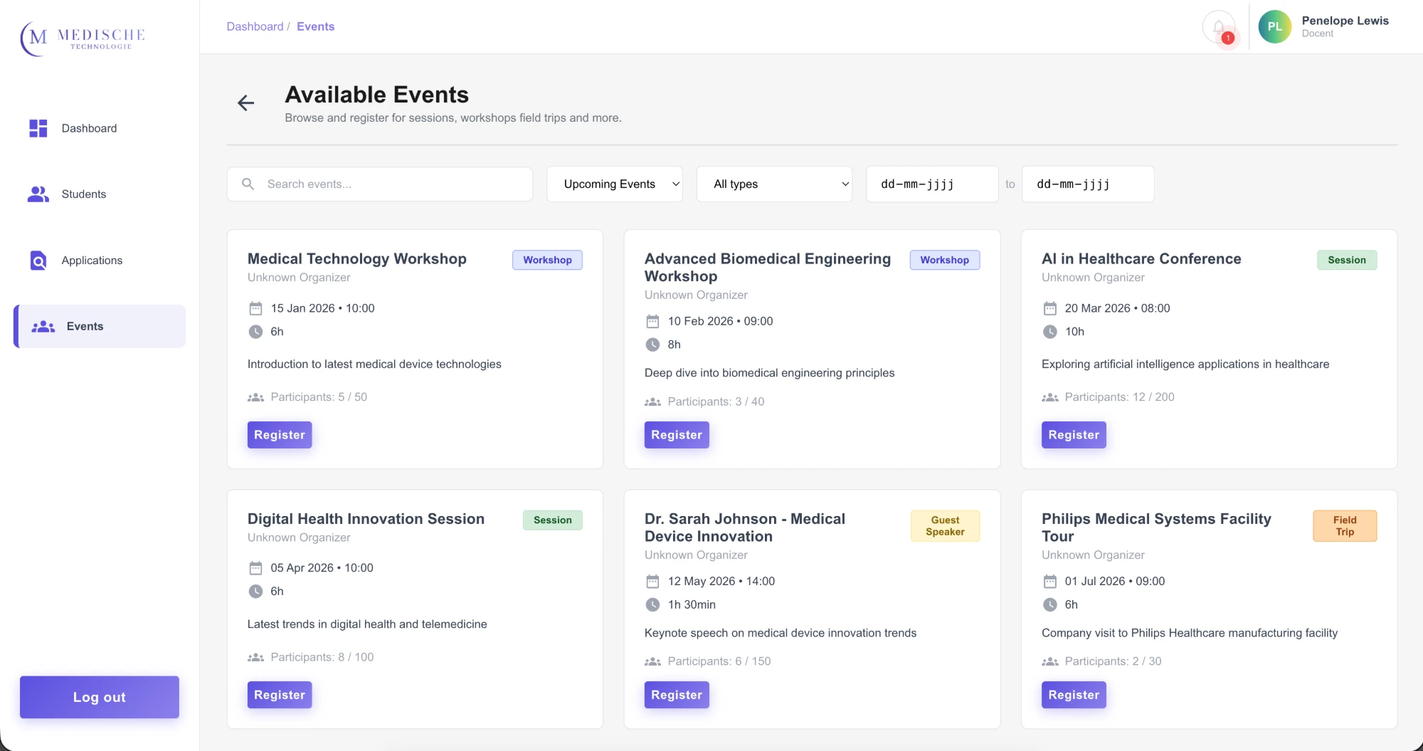 Available events page listing workshops, sessions, and field trips with registration