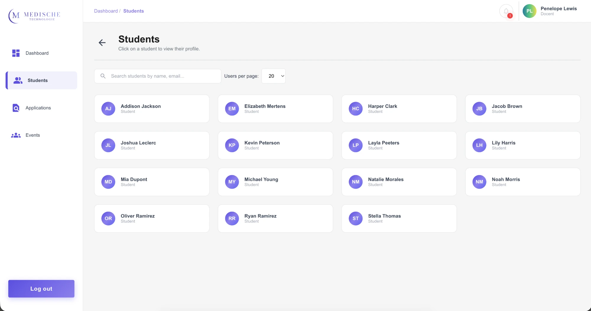 Lecturer view of the student directory, searchable by name or email
