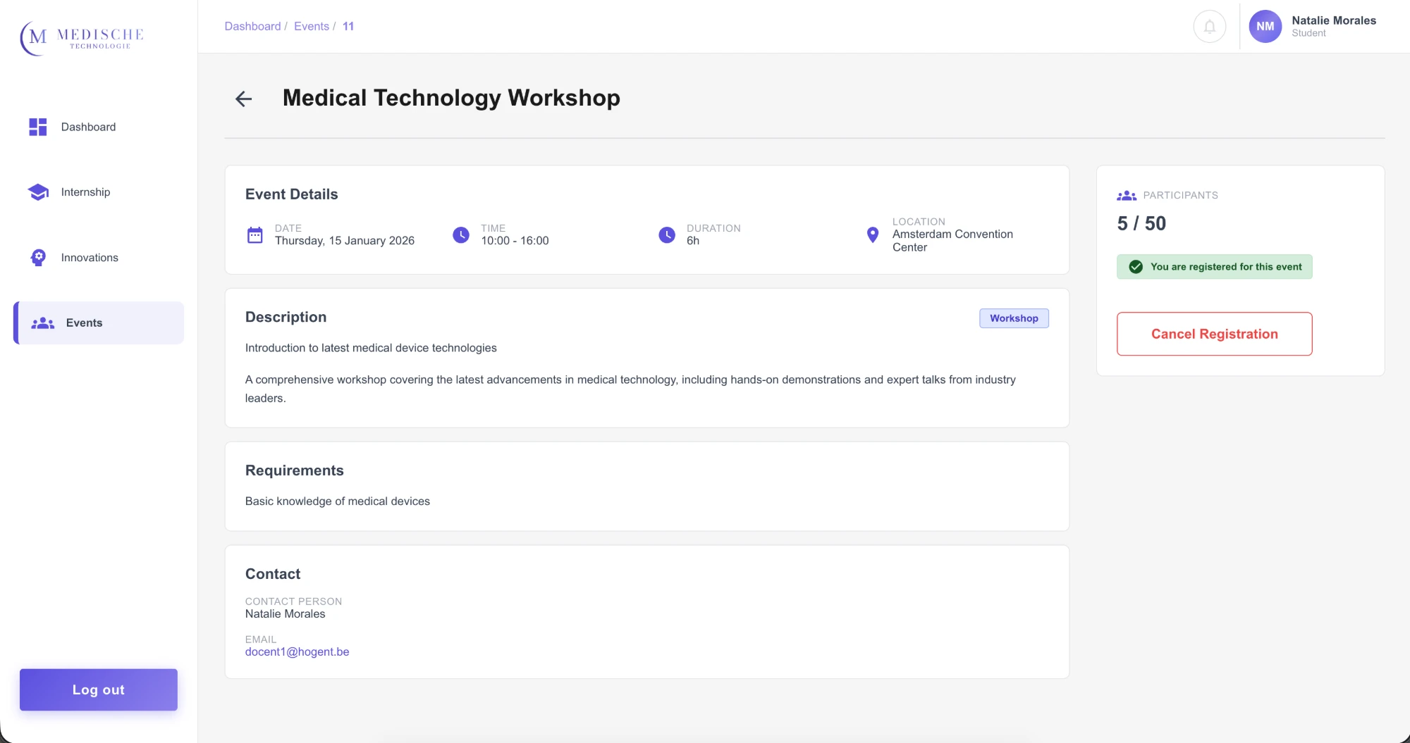 Event detail page for a workshop, showing participant count and registration status
