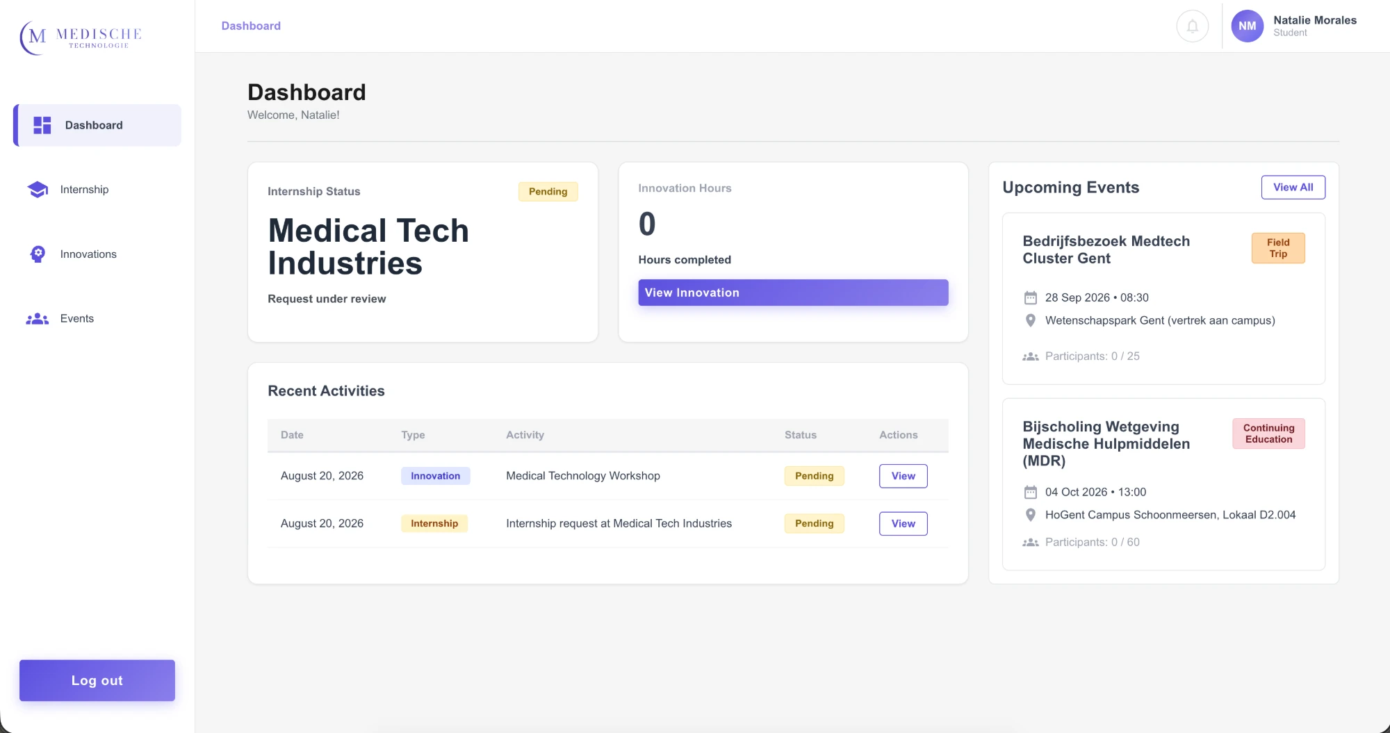 Student dashboard with internship status, innovation hours, and upcoming events
