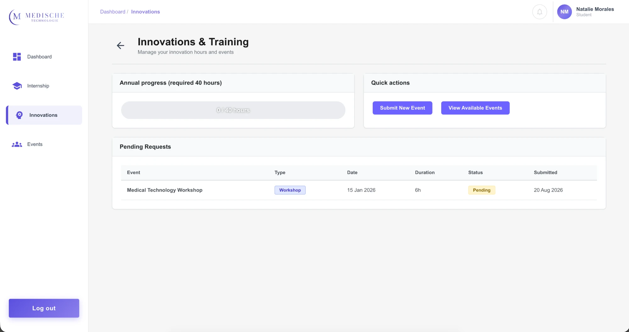 Student innovations and training page tracking annual innovation hours