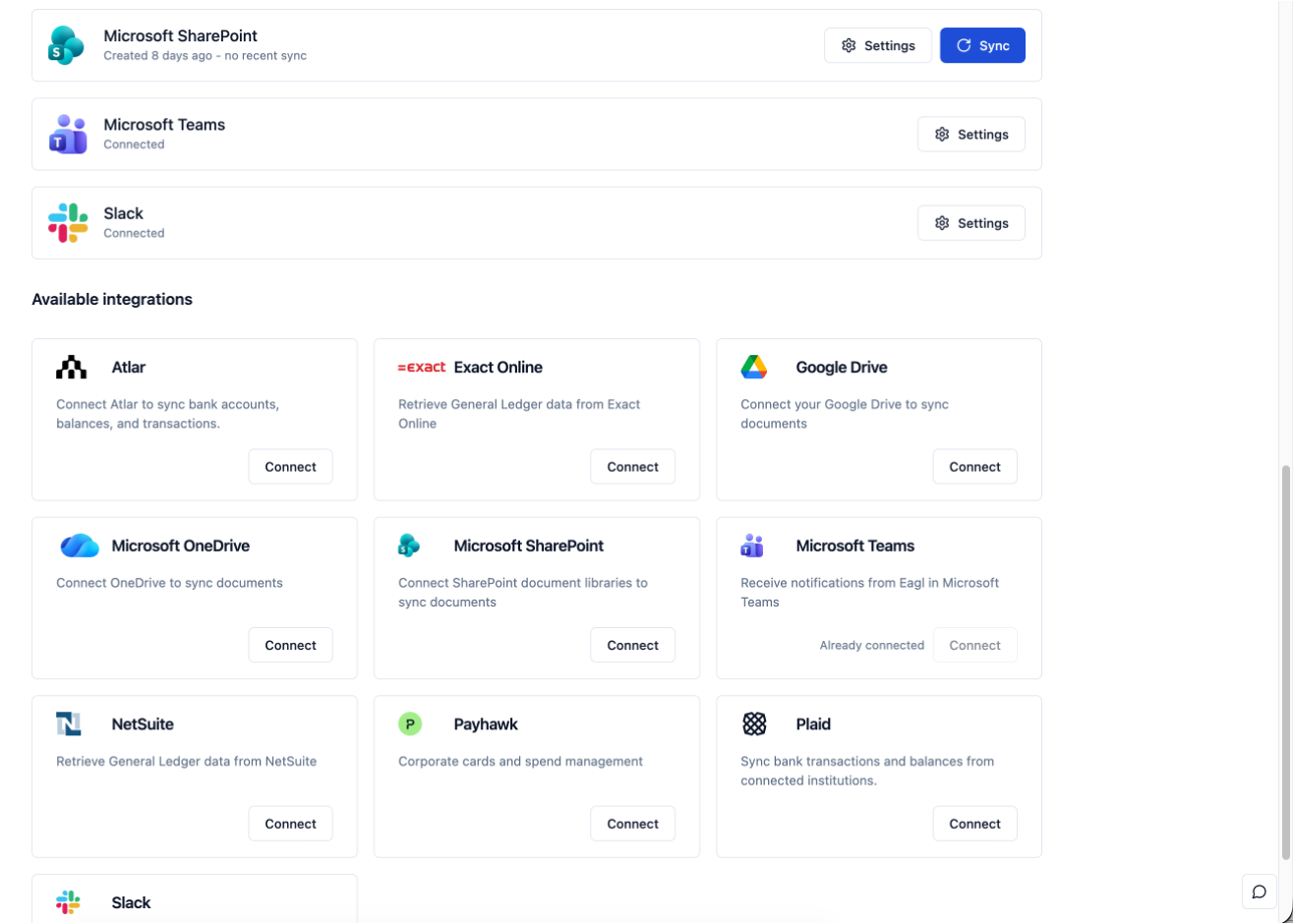 Integrations settings page showing Slack and Microsoft Teams connected, with other available integrations listed below