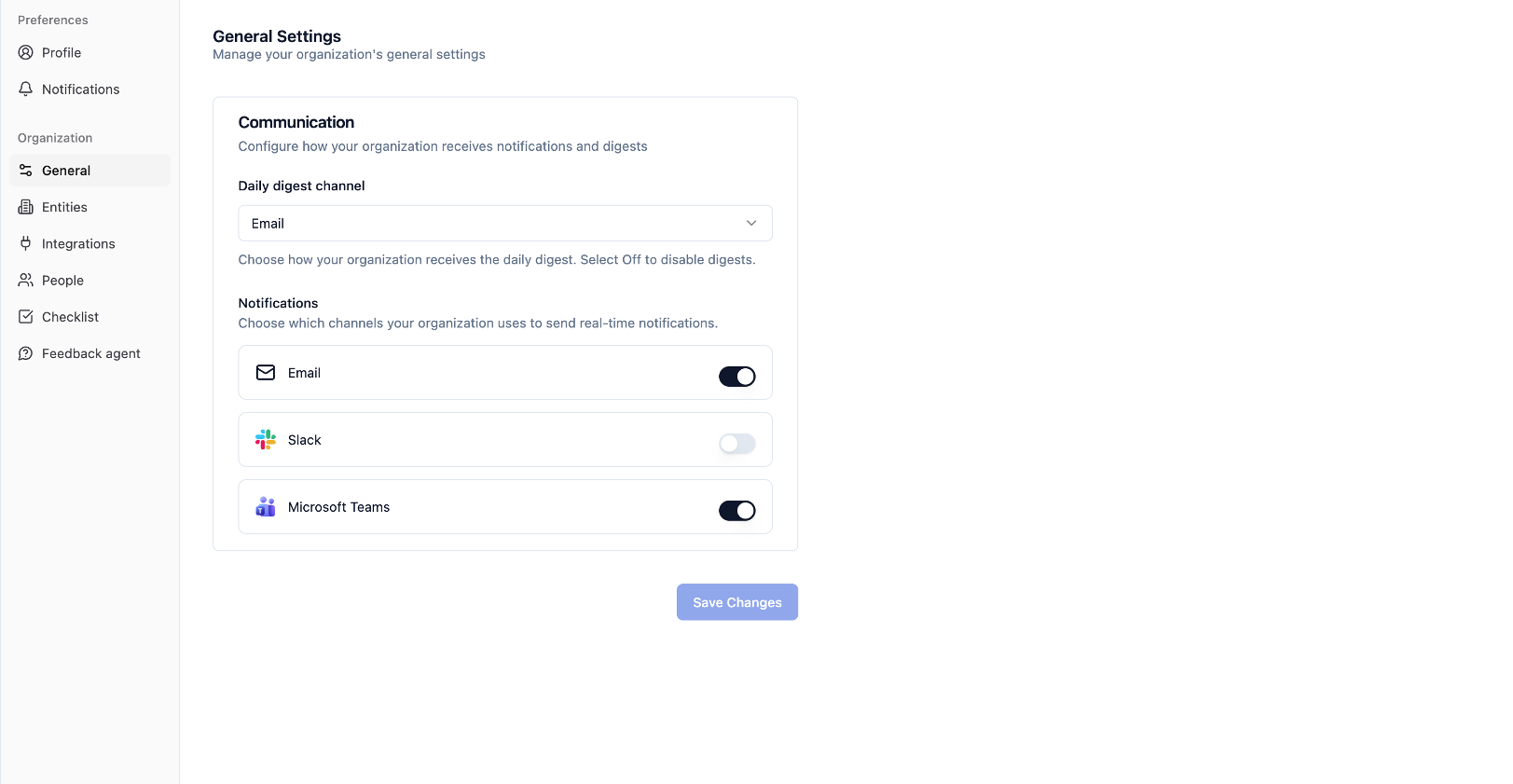General settings page for choosing the daily digest channel and toggling real-time notification channels