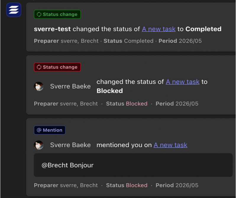 Example Microsoft Teams notifications for a status change and an @mention